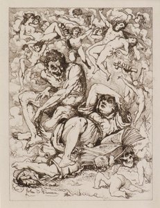 Ležící postava držící kříž, ďábel sedí poblíž Obklopen plovoucími figurami (lept) od John Duncan