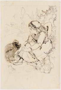Sedící dívka a velký pták (lept) od John Duncan