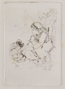 Sedící dívka a velký pták (lept) od John Duncan