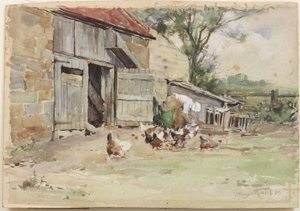 Krmení slepic, 1909 (čb na papíře) od John Edgar Mitchell
