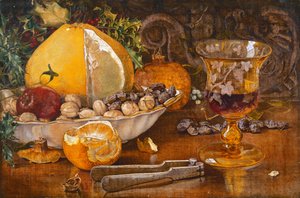 Zátiší ovoce, ořechů a sklenice na víno, 1864