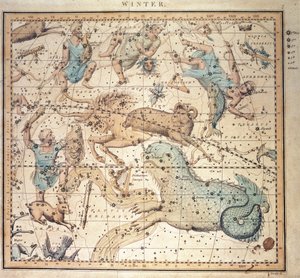 Nebeská mapa: Zima, ukazující znamení zvěrokruhu a postavení hvězd (rytina)