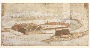 Přidat. 78610.(h) Pohled na Wotton se zahradou, jeskyní a okolím ze západního rohu, cca 1650 (pero a inkoust s pastelkou a mytí) 215 x 435 mm  John Evelyn  1650? od John Evelyn