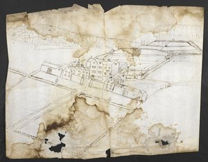 Přidat. 78610 (i) Prospect of Wotton se zahradou, jeskyní a okolím od severozápadu, cca 1650 (pero a inkoust na papíře) od John Evelyn