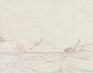Mořská krajina s plavidlem míjejícím pevninu (1), počátek 20. století (grafit, hnědá pastelka) od John Everett