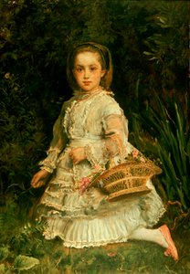 Portrét Gracie, po celé délce, na sobě bílé šaty, trhající divoké květiny od John Everett Millais