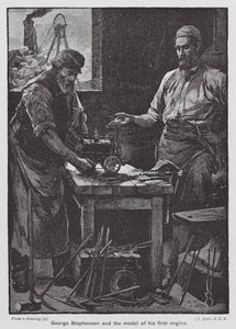 George Stephenson a model jeho prvního motoru (barevná litografie) od John Eyre