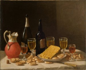 Zátiší s lahvemi, vínem a sýrem 1857 (olej na plátně)