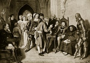 James IV v radě před bitvou u Floddenu, 1513, ilustrace z 