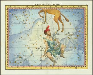 Hvězdná mapa souhvězdí Camelopardal  Auriga a sousedních souhvězdí z roku 1776 z Fortinova Atlasu Celeste de Flamsteed od John Flamsteed