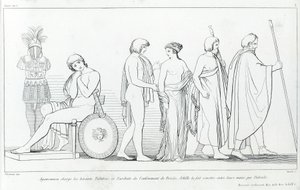 Agamemnon obvinil heroldy Taltibia a Euribata z únosu Briseis; Achilles ji nechal předat do jejich rukou Patroklesem. Kresba Johna Flaxmana (1755 - 1826). Homérova Ilias. Zpěv I od John Flaxman