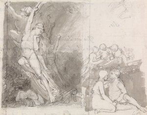 Ilustrace ztraceného Miltonova ráje- Adam a Eva hlídaní anděly od John Flaxman
