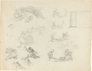 Studie kokrhajícího kohouta a ležících postav [recto a verso] od John Flaxman