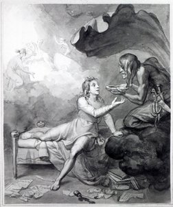Thomas Chatterton dostává od Zoufalství misku jedu (pero, inkoust a mytí na papíře) od John Flaxman