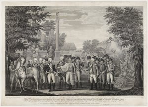 Britové po porážce v York Town ve Virginii v říjnu 1781 vzdávají své zbraně Gen: Washington. od John Francis (after) Renault