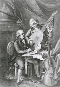 Portrét Franze Josepha Haydna (1732-1809) a Wolfganga Amadea Mozarta (1756-91) skládající hudbu pro loutnu, vyryl Michele Benedetti (1745-1810)