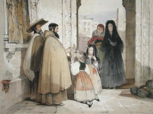 Žebraví mniši přijímající almužnu, z „Sketches of Spain“, vyryl Charles Joseph Hullmandel (1789-1850), vydáno 1836 (barevně lito)