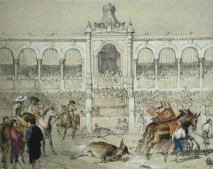 Seville Bullfight: Odstranění mrtvého býka z prstenu, z „Sketches of Spain“, vyryto Charlesem Josephem Hullmandlem (1789-1850), vydáno 1836 (barevně lito)