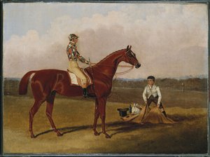 "Bosý", dostihový kůň, s žokejem a ženichem, 1835 od John Frederick Herring Senior