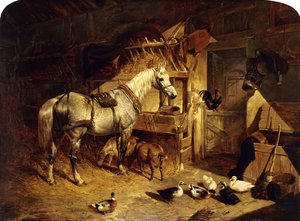 Interiér stáje s kudrnatým šedým koněm v postroji, s kachnami, kozami a kohoutem u jesliček, 1843 od John Frederick Herring Senior