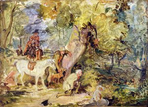 Náčrt „Foresters Stalking Deer“ (olej nad dřevěným uhlím na panelu) od John Frederick Lewis