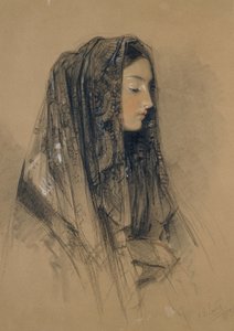 Hlava italské dívky v mantille, 1838 (červená a černá křída a indický inkoust s akvarely a tělovými barvami na žlutohnědé desce) od John Frederick Lewis