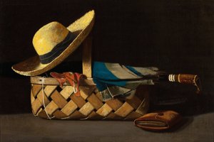 ""Tržní košík, klobouk a deštník"" (tržní košík, klobouk a deštník) Zátiší - obraz Johna Fredericka Peta (1854-1907) kolem roku 1890 Soukromá sbírka od John Frederick Peto