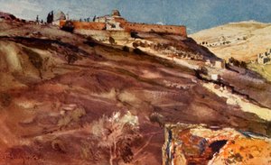 Jeruzalém. - Jižní zeď oblasti chrámu, z údolí Hinnom, při západu slunce, 1902. od John Fulleylove
