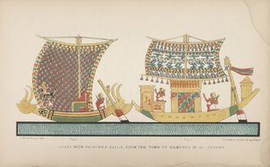Lodě s barevnými plachtami, z hrobky Ramsese III v Thébách, ilustrace z "Mýry a zvyky starých Egypťanů...", 1837-41 od John Gardner Wilkinson