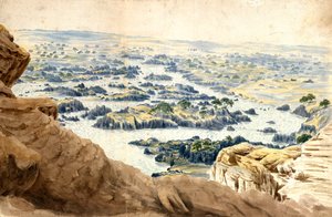 Nil u druhého kataraktu. Akvarel Johna Gardnera Wilkinsona (1797-1875), britského cestovatele a archeologa, "otce britské egyptologie".