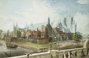 Westminster Hall a opatství, rytina Daniela Havella (1785-1826), vydal Rudolph Ackermann (1764-1834) 1819 (kolorovaná akvatinta)