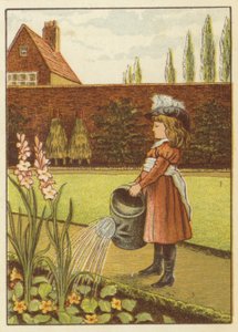 Dívka zalévá zahradu (barva litho)