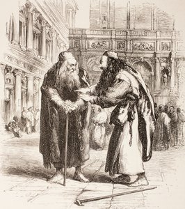 Ilustrace k Kupci benátskému, Shylock a Tubal se setkávají na ulici, dějství III, scéna I, z „The Illustrated Library Shakespeare“, vydané v Londýně 1890 od John Gilbert