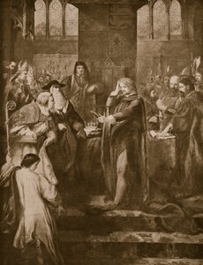Král Richard II rezignuje na korunu svému bratranci Bolingbrokovi, ilustrace z „Hutchinsonova příběhu britského národa“, kolem roku 1920 od John Gilbert