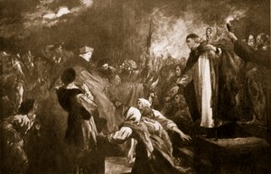 Příjezd kardinála Wolseyho do Leicesterského opatství, 1530, ilustrace z Hutchinsonova „Příběhu britského národa“, kolem roku 1920 od John Gilbert