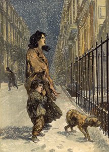 Chudí bezdomovci, matka a dítě se psem ve sněhu (chromolitho) od John Gilbert