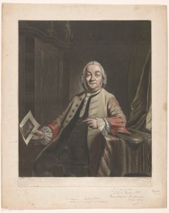 Portrét Simona Fokkeho s otiskem drancování domu Gerrita Hagedoorena v ruce, 1751