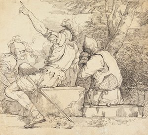 Tři vojáci v brnění sedí na kamenných blocích od John Hamilton Mortimer