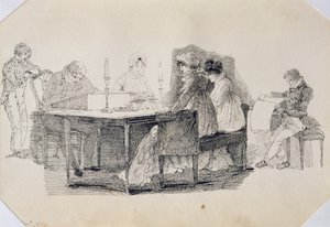 Večer doma, 1804 (pero a inkoust na papíře) od John Harden