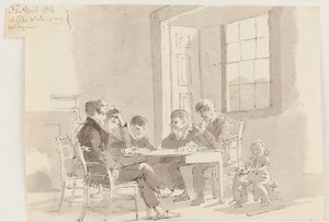 Chlapci čtou v Storrs, Elterwater, 1814 (pero a inkoust s mytím na papíře) od John Harden