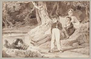 Čtyři postavy mezi stromy za horkého dne, 1807 (wc na papíře) od John Harden