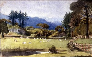 Langdale ze severního pobřeží Windermere (akvarel na papíře) od John Harden