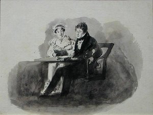 Muž a žena čtou (pero a inkoust na papíře) od John Harden