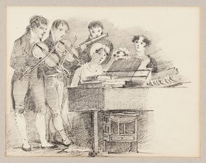 Pianista doprovázený houslisty a flétnistou od John Harden