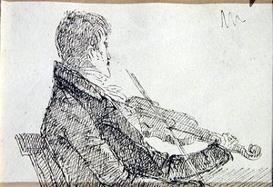 Hra na housle (tužka a tuš na papíře) od John Harden