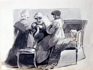 Tři ženy na pohovce (pero a inkoust na papíře) od John Harden