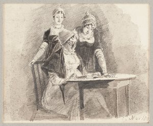 Tři u stolu, jeden sedící, 1807 (tužka a mytí na papíře) od John Harden