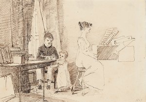 Dvě děti a žena u klavíru, 1807 od John Harden