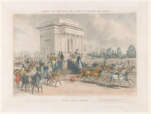Pohled na ulici a Wellington Arch v Hyde Park Corner Hye Park Corner (název na objektu) Streetscapes kolem Epsom (název série) Scény na cestách nebo výlet do Epsomu a zpět (název seriálu)