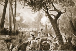 Herec-Lance-desátník Barker asistuje skupině, kterou shromáždil, otevřít komunikační příkop pod silnou palbou granátů a kulometů od John Harris Valda